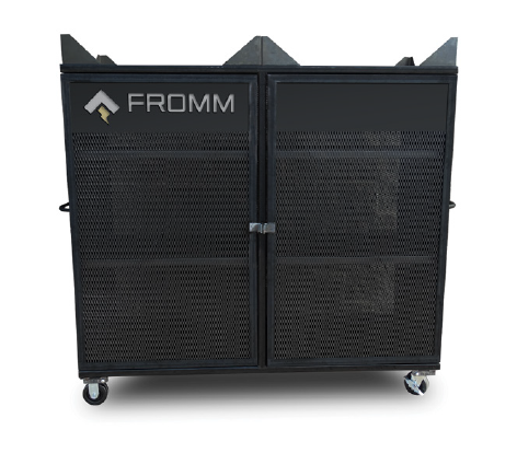 Front view of a Fromm jobsite storage cabinet with double mesh doors and stacking brackets on top